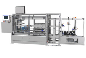 3D render of Pearson CE25-P case erector, a fully automated tape-sealing system for forming and sealing corrugated boxes in secondary packaging operations.